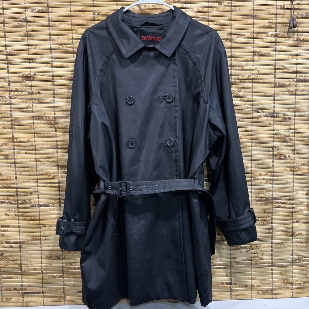 Avenue Womens Y2K Double Breasted‎ Trench Coat Sz 18/20 Black Mid Length Utility